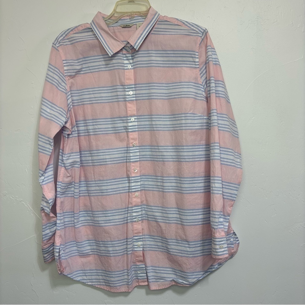 LL Bean Women's XL Striped Button Front Cotton Long Sleeve Shirt Pink Blue